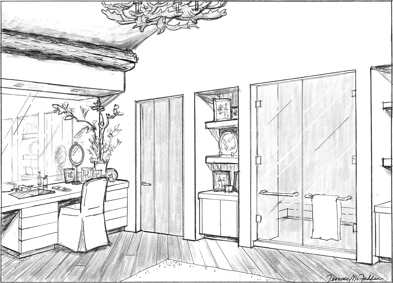 Hand-drawn rendering, primary bathroom.