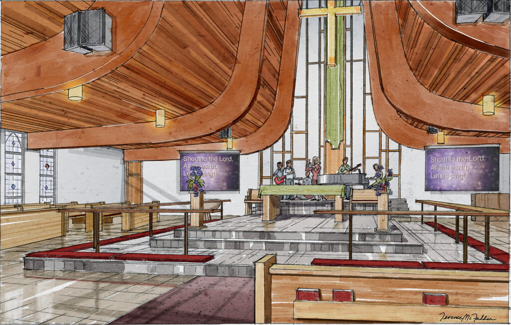 Hand-drawn interior design rendering, remodel of church.