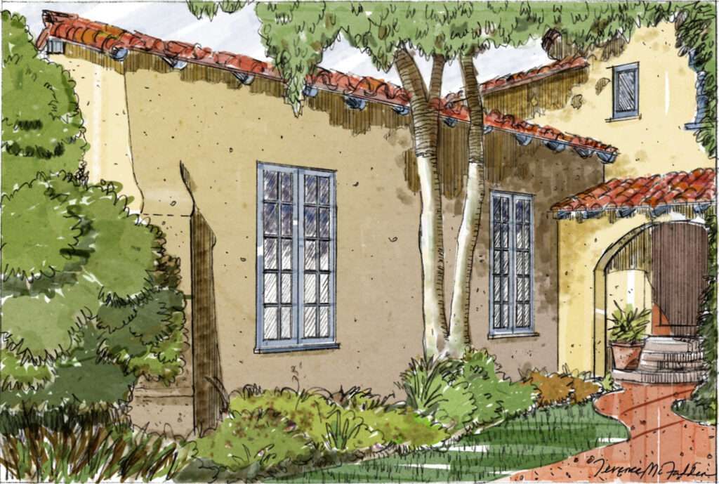 Hand-drawn rendering showing a residential remodel and landscape design.