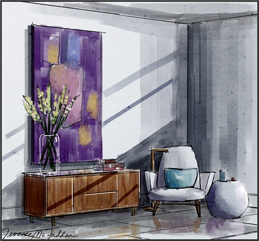 Interior design rendering of contemporary furnishings. Presentation Sketch Contemporary Den.