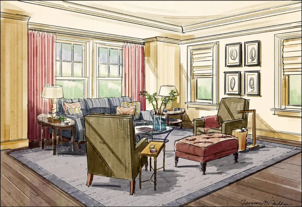 Hand-drawn interior design presentation rendering, a sunny living room.