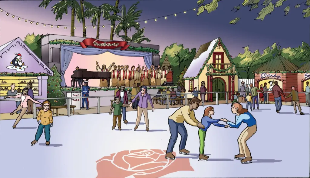 Concept illustration promoting proposed outdoor ice skating rink in Pasadena