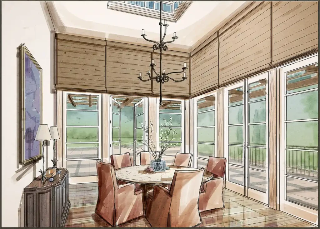 Hand-drawn interior design rendering, breakfast room.