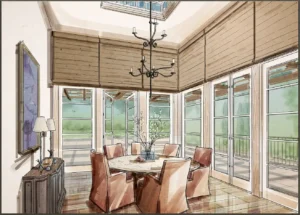 Hand-drawn interior design rendering, breakfast room.
