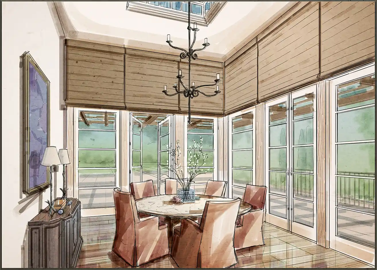 Hand-drawn interior design rendering, breakfast room.