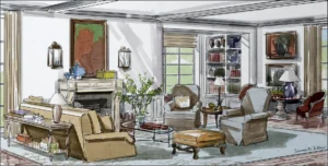 Hand-drawn interior design rendering, living room.