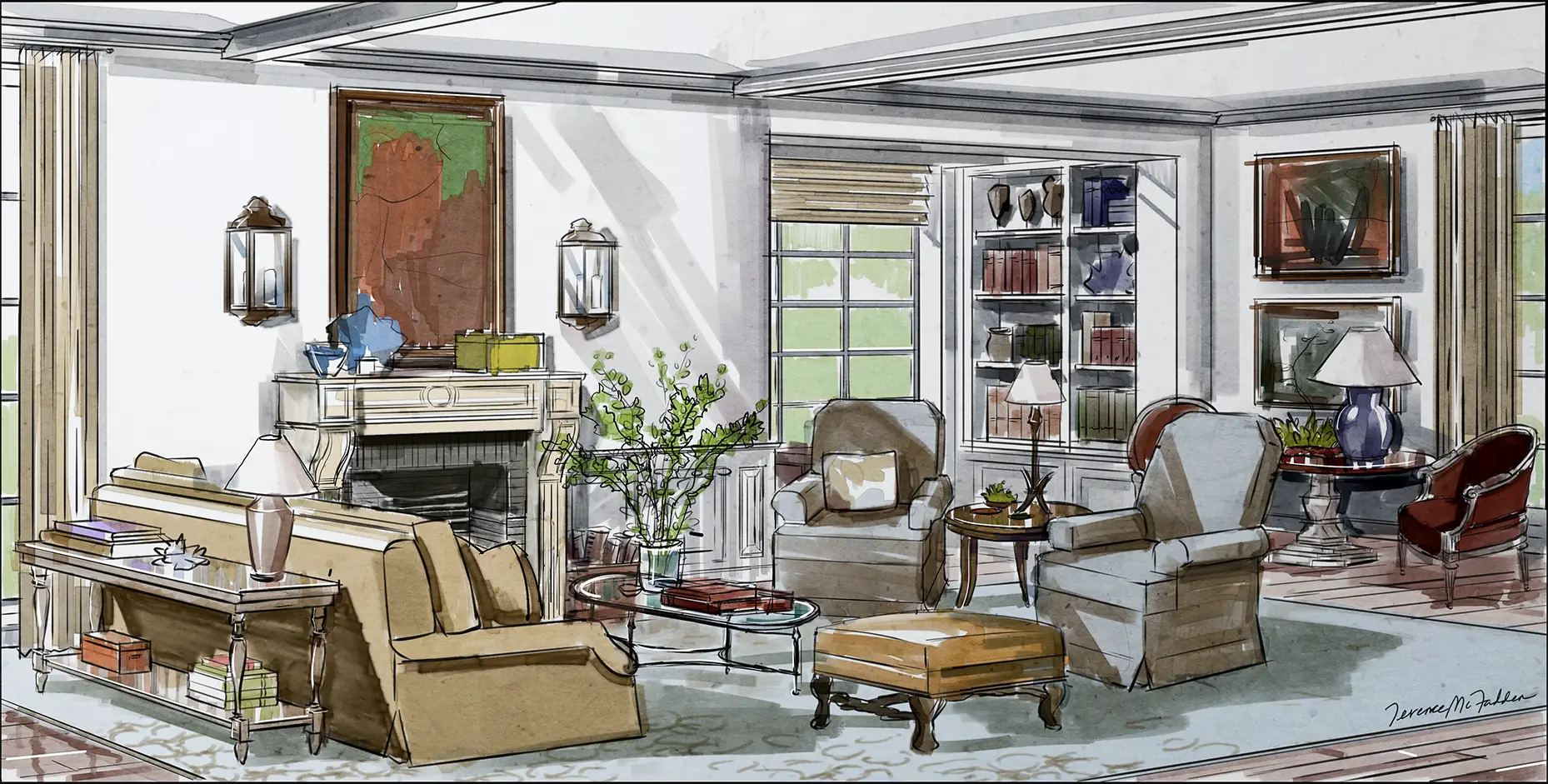 Hand-drawn interior design rendering, living room.