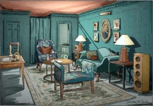 Hand-drawn presentation rendering for a den in Dallas Kip's Bay showcase home.