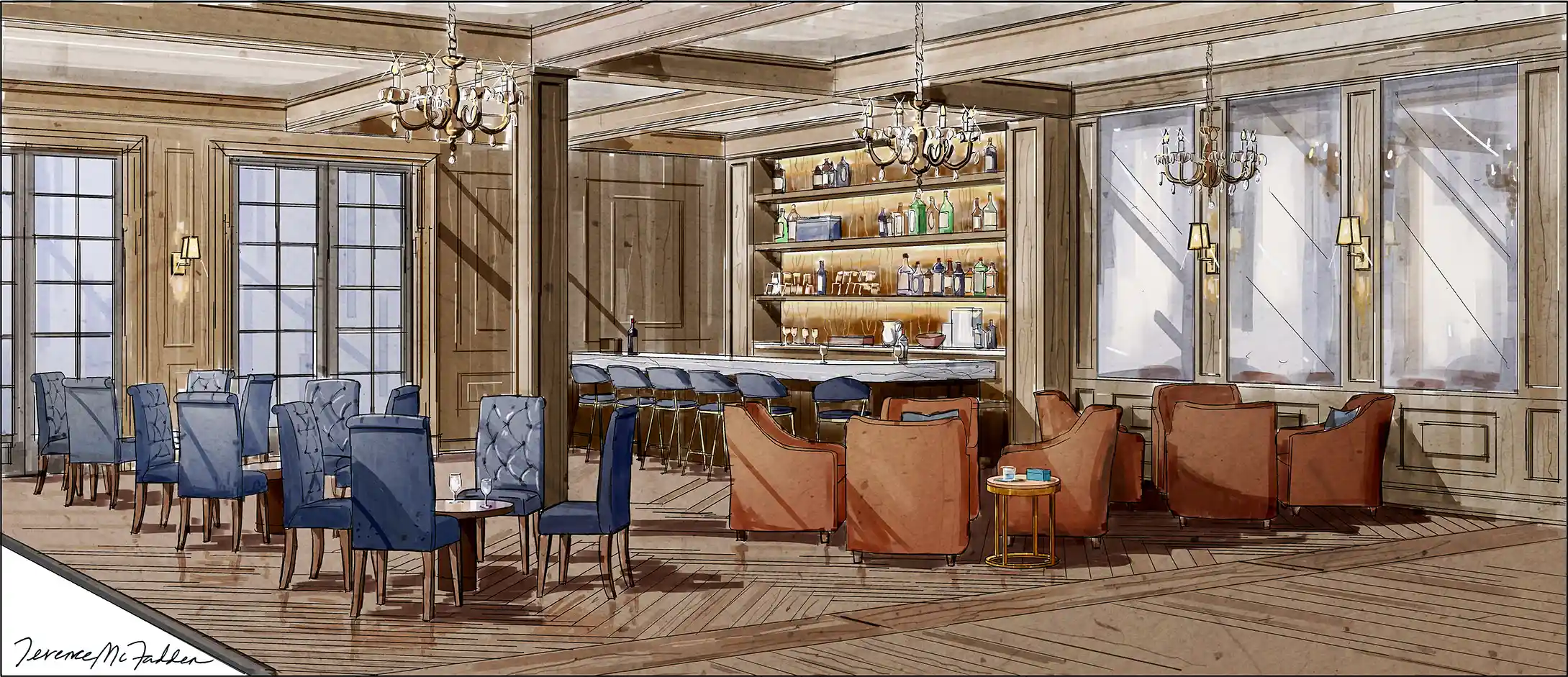 Hand drawn interior design rendering, Elks Lodge Bar