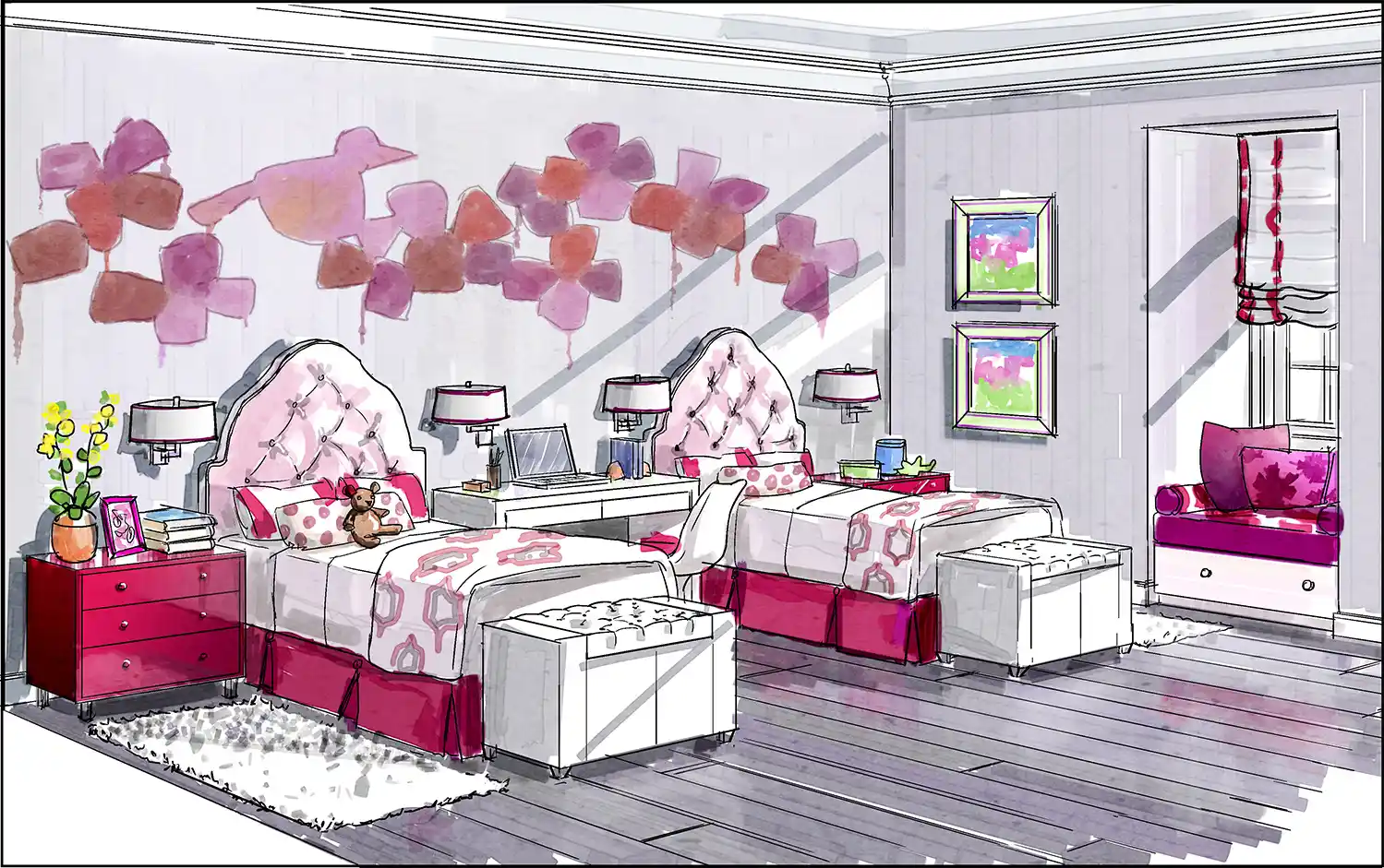 Hand-drawn interior design rendering for bedroom for two young girls.