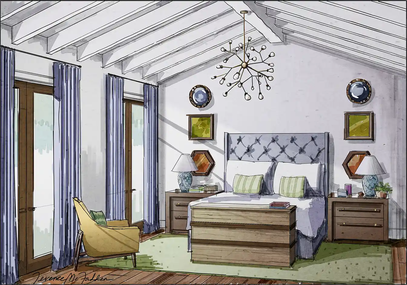 Hand-drawn interior design rendering, guest bedroom.