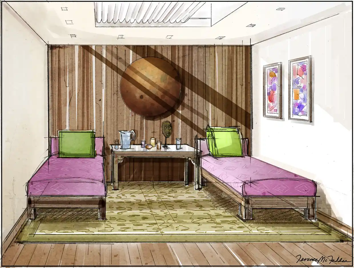 Hand-drawn interior design presentation rendering, spa waiting room.