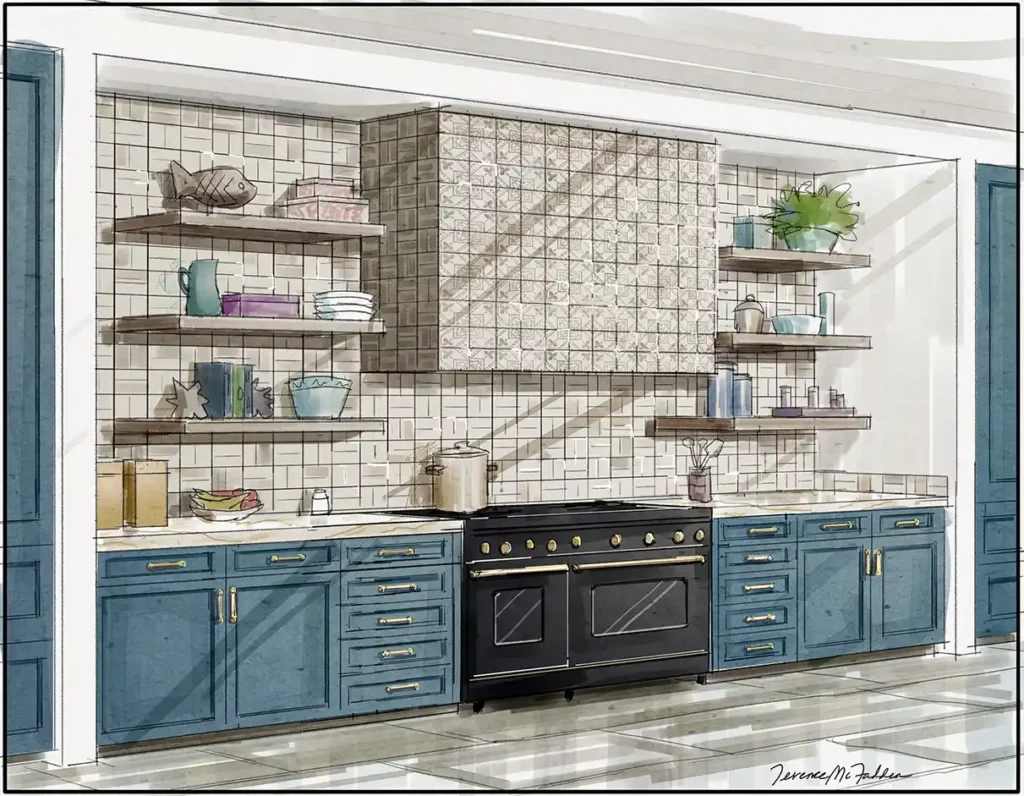 Design and hand-drawn presentation rendering of a kitchen to feature the wall tile.