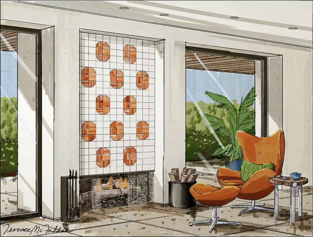Hand-drawn rendering modern fireplace Arne Jacobsen Egg Chair