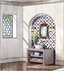 Hand-drawn interior design rendering, primary bath shower.