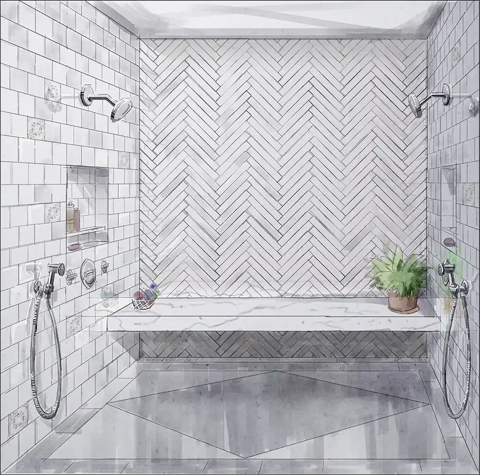 Hand-drawn interior design rendering, primary bath shower.