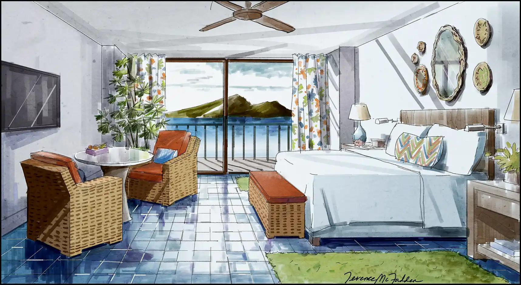 Hand-drawn rendering, resort bedroom remodel.