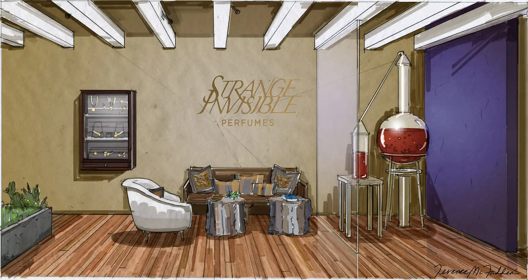 Interior design presentation rendering for a boutique perfume store.