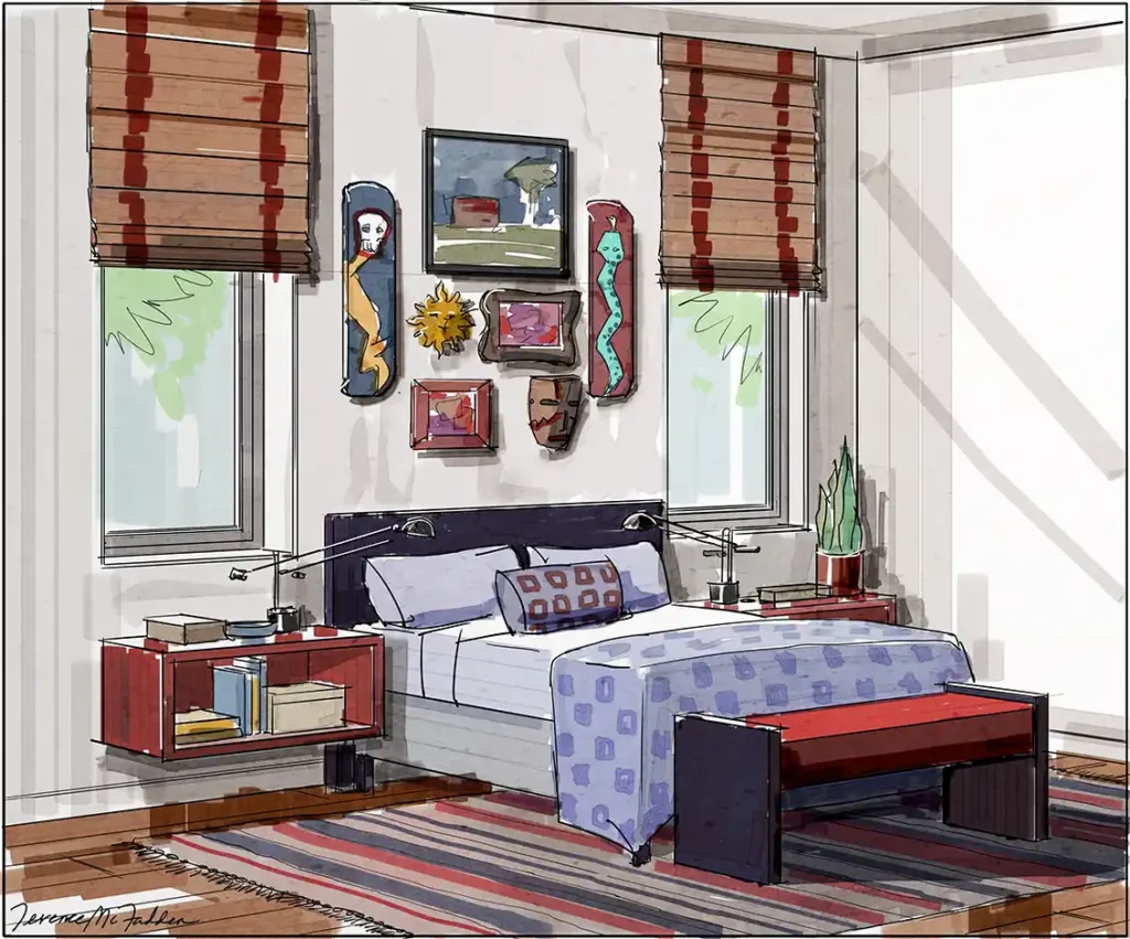 Hand-drawn rendering of a teen boy's bedroom.