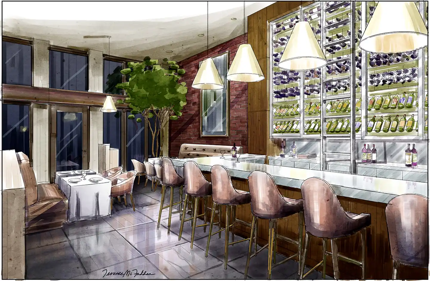 Hand-drawn rendering of a proposed bar and restaurant, West Hollywood CA.