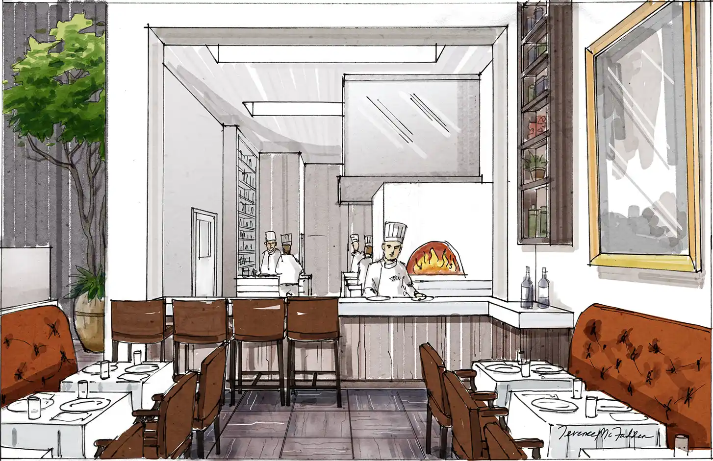 Hand-drawn presentation rendering for restaurant with open kitchen.