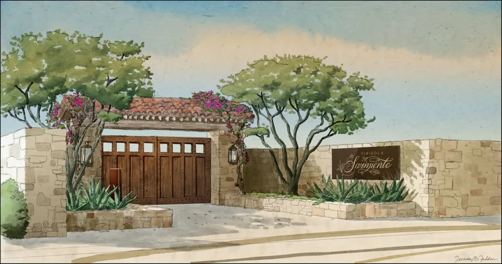 Landscape design & hand-drawn rendering for a vineyard entry gate in Mexico.