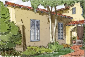 Hand-drawn rendering showing a residential remodel and landscape design.