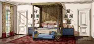 Hand drawn interior design rendering, primary or master bedroom, with draped bed.