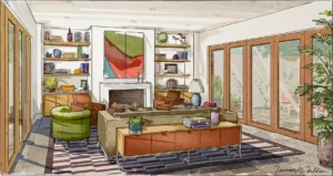Rendering, Modernist Living Room, French Doors