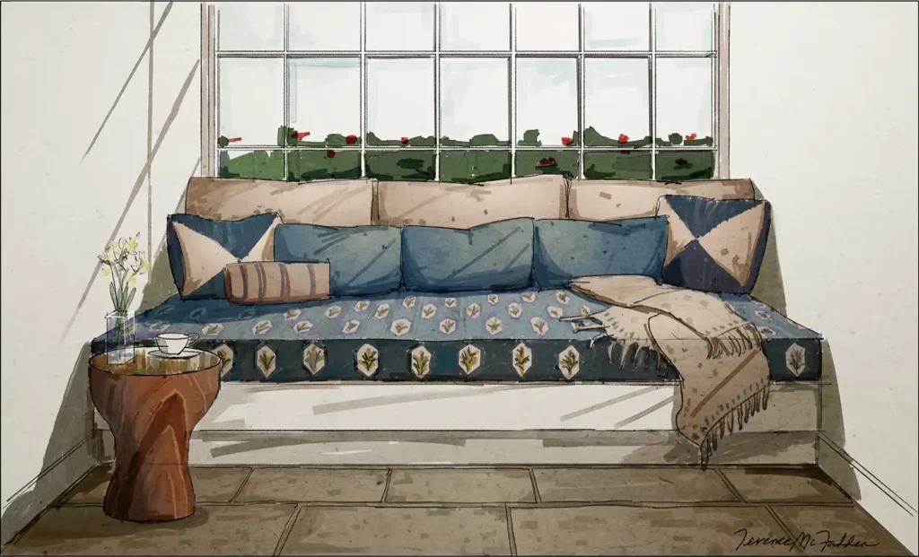 Hand-drawn presentation rendering of an upholstered window seat bench.